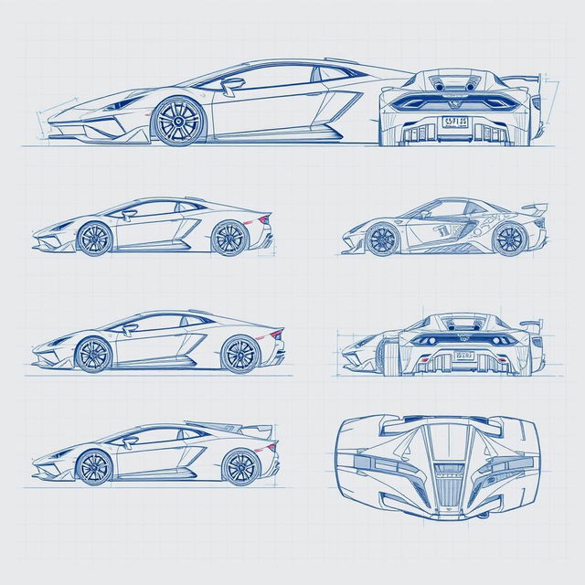 An extensive collection of 60 blueprint sketches of a supercar, depicting various angles such as front, left side, right side, back, top, and bottom views