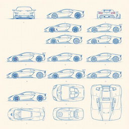 An extensive collection of 60 blueprint sketches of a supercar, depicting various angles such as front, left side, right side, back, top, and bottom views