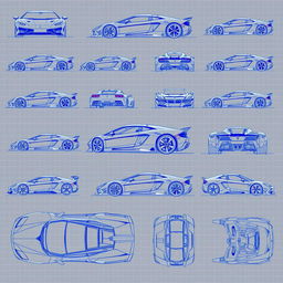 An extensive collection of 60 blueprint sketches of a supercar, depicting various angles such as front, left side, right side, back, top, and bottom views