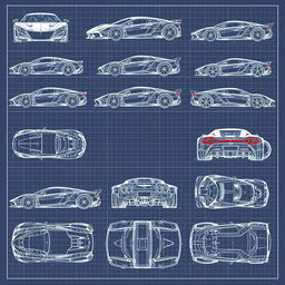 An extensive collection of 60 blueprint sketches of a supercar, depicting various angles such as front, left side, right side, back, top, and bottom views