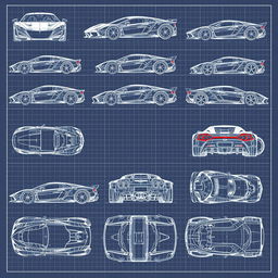 An extensive collection of 60 blueprint sketches of a supercar, depicting various angles such as front, left side, right side, back, top, and bottom views