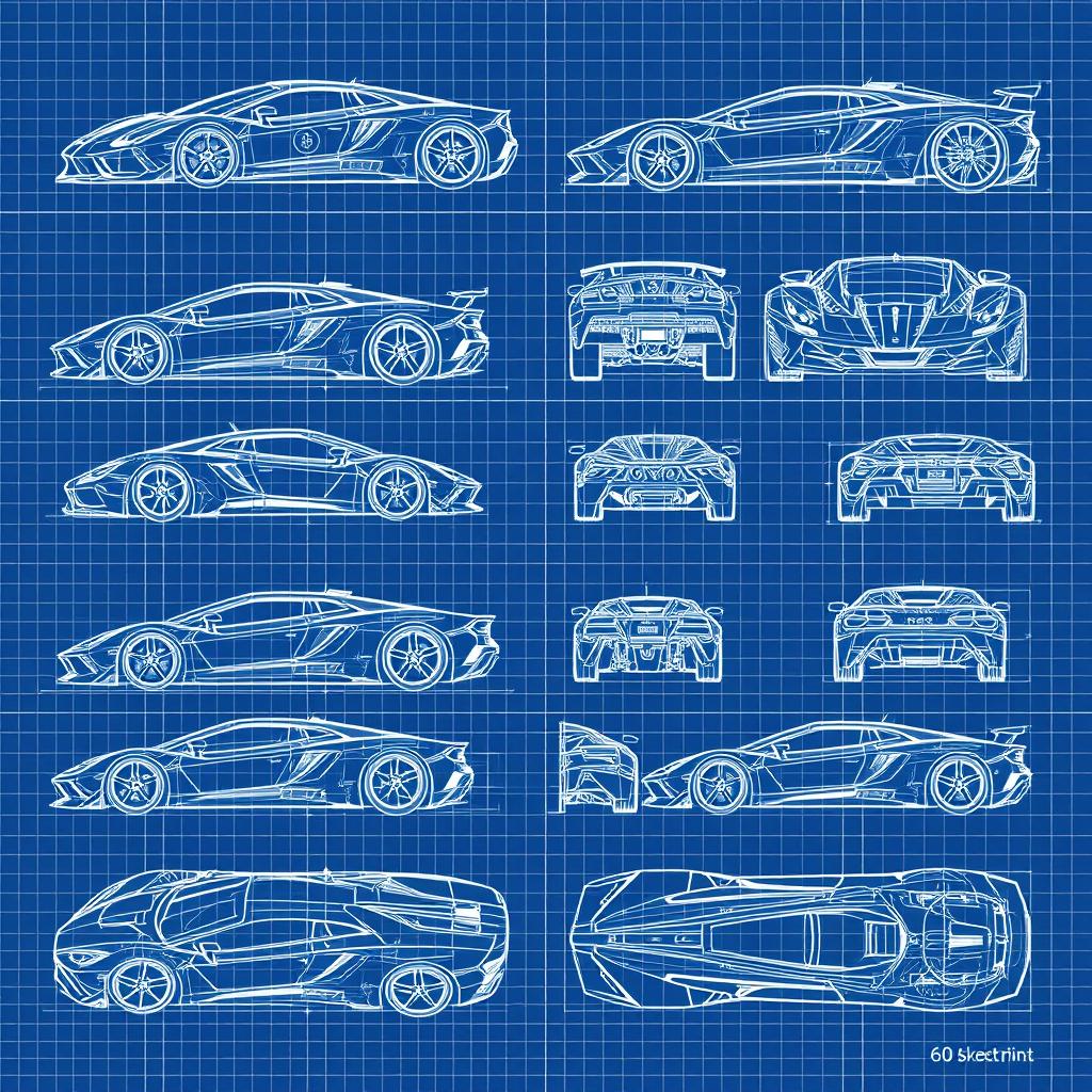 A collection of 60 blueprint sketches of a supercar, featuring a variety of angles including front, left side, right side, back, top, and bottom views