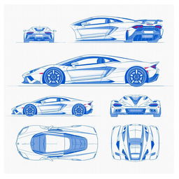 A collection of 60 blueprint sketches of a supercar, featuring a variety of angles including front, left side, right side, back, top, and bottom views