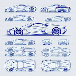 A collection of 60 blueprint sketches of a supercar, featuring a variety of angles including front, left side, right side, back, top, and bottom views