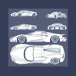 A collection of 60 blueprint sketches of a supercar, featuring a variety of angles including front, left side, right side, back, top, and bottom views