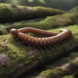 A detailed, realistic centipede, defined by its segmented body gleaming under sunlight, scuttling swiftly across an intriguing terrain of moss-covered logs.