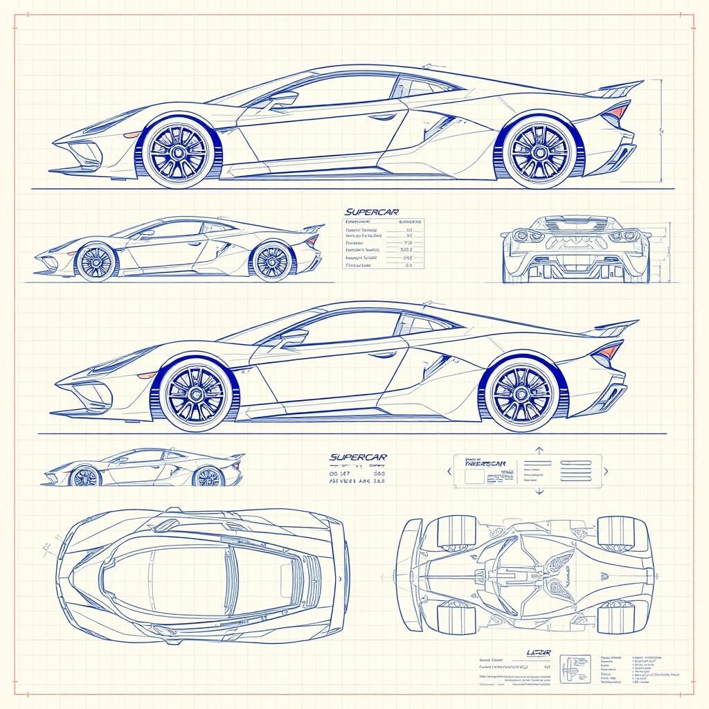 A collection of 60 detailed blueprint sketches of a supercar, illustrating various angles including front, left side, right side, back, top, and bottom views