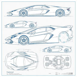 A collection of 60 detailed blueprint sketches of a supercar, illustrating various angles including front, left side, right side, back, top, and bottom views