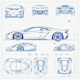 A collection of 60 detailed blueprint sketches of a supercar, illustrating various angles including front, left side, right side, back, top, and bottom views