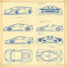 A collection of 60 detailed blueprint sketches of a supercar, illustrating various angles including front, left side, right side, back, top, and bottom views