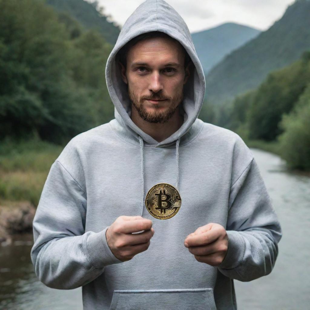 A high-resolution image of a man in a hoodie holding a bitcoin with a wild river and wildlife in the background