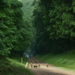 Sniffer dogs on the left side of a dense forest next to a well-tarred road that runs straight through the middle of the woodland area.