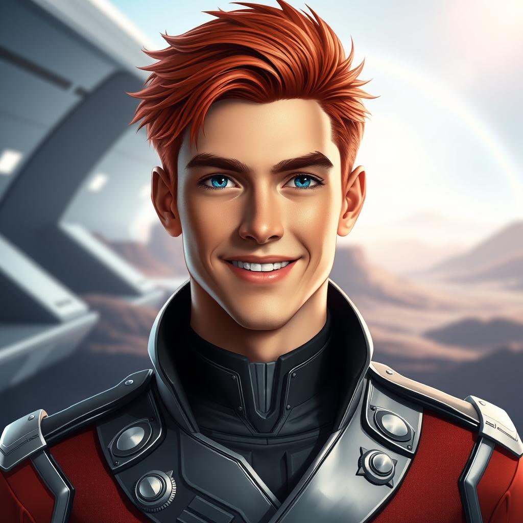 A portrait of a young man with striking red hair and a warm smile, inspired by the character Siegfried Kircheis from space operas