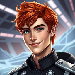 A portrait of a young man with striking red hair and a warm smile, inspired by the character Siegfried Kircheis from space operas