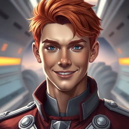 A portrait of a young man with striking red hair and a warm smile, inspired by the character Siegfried Kircheis from space operas