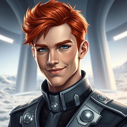 A portrait of a young man with striking red hair and a warm smile, inspired by the character Siegfried Kircheis from space operas