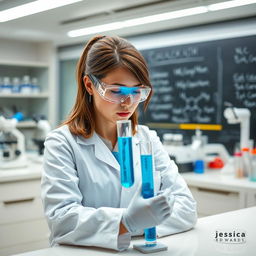 A focused female scientist named Jessica Edwards, in a modern laboratory environment