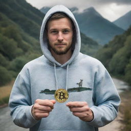 A high-resolution image of a man in a hoodie holding a bitcoin with a wild river and wildlife in the background