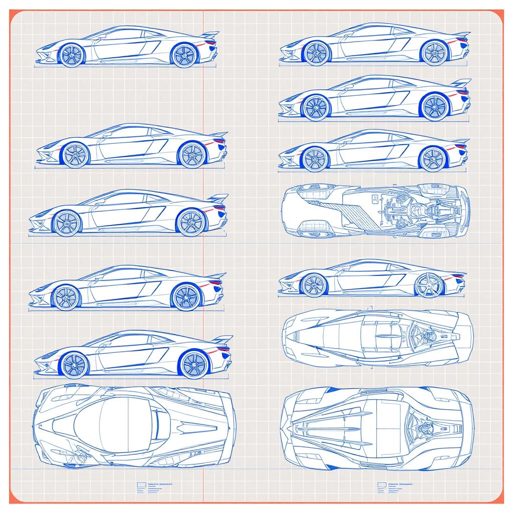 A comprehensive series of 70 blueprint sketches of a supercar, showcasing diverse angles including front, left side, right side, back, top, and bottom views