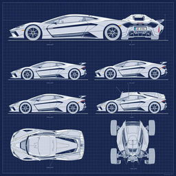 A comprehensive series of 70 blueprint sketches of a supercar, showcasing diverse angles including front, left side, right side, back, top, and bottom views