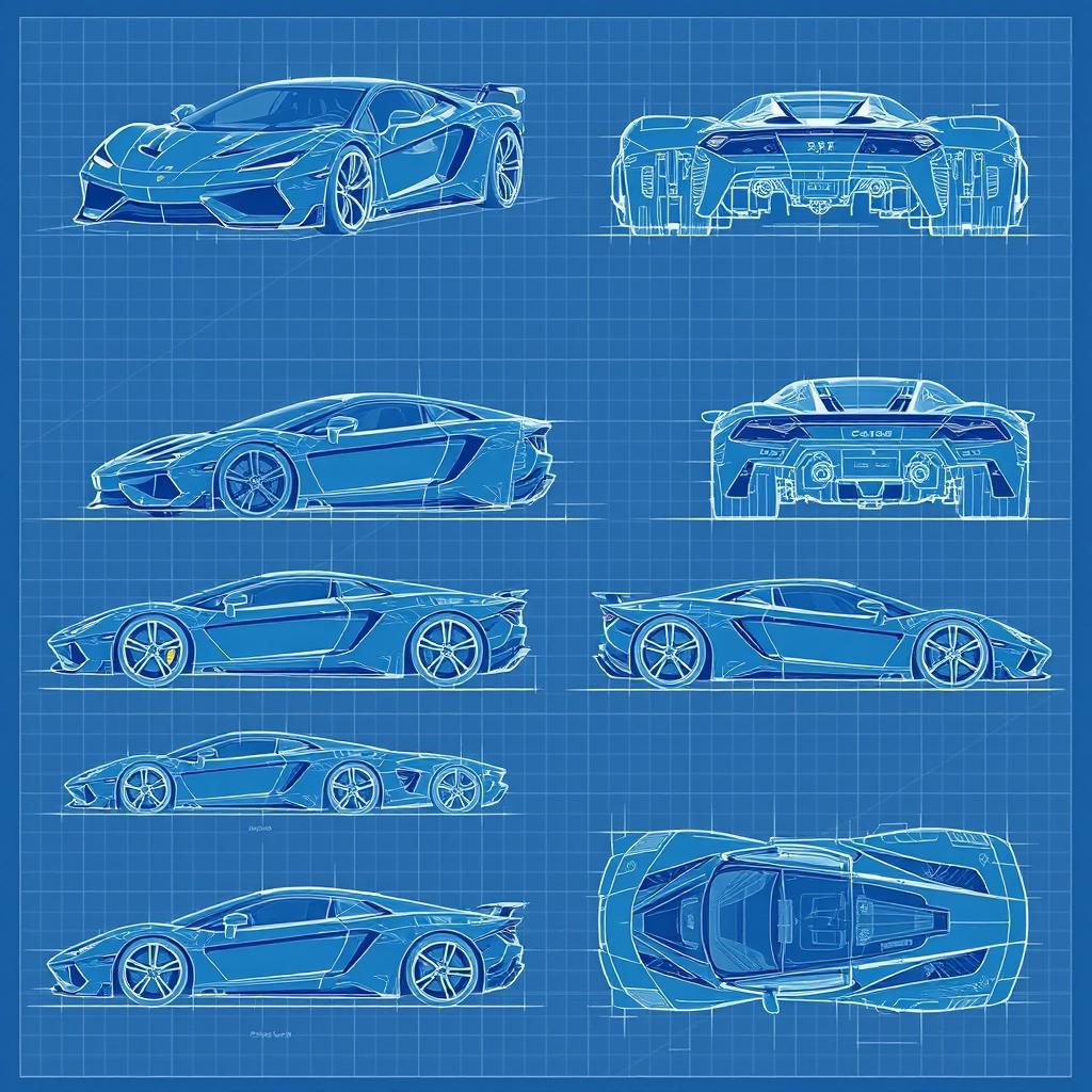 A comprehensive series of 70 blueprint sketches of a supercar, showcasing diverse angles including front, left side, right side, back, top, and bottom views