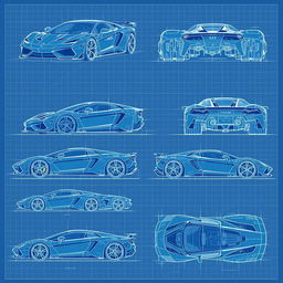 A comprehensive series of 70 blueprint sketches of a supercar, showcasing diverse angles including front, left side, right side, back, top, and bottom views