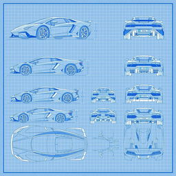 A comprehensive series of 70 blueprint sketches of a supercar, showcasing diverse angles including front, left side, right side, back, top, and bottom views