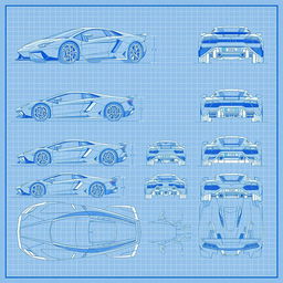 A comprehensive series of 70 blueprint sketches of a supercar, showcasing diverse angles including front, left side, right side, back, top, and bottom views