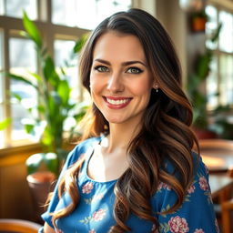 A portrait of a woman named Jessica Edwards, with long wavy dark brown hair cascading over her shoulders