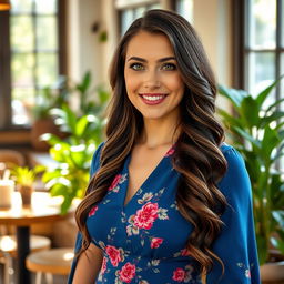 A portrait of a woman named Jessica Edwards, with long wavy dark brown hair cascading over her shoulders