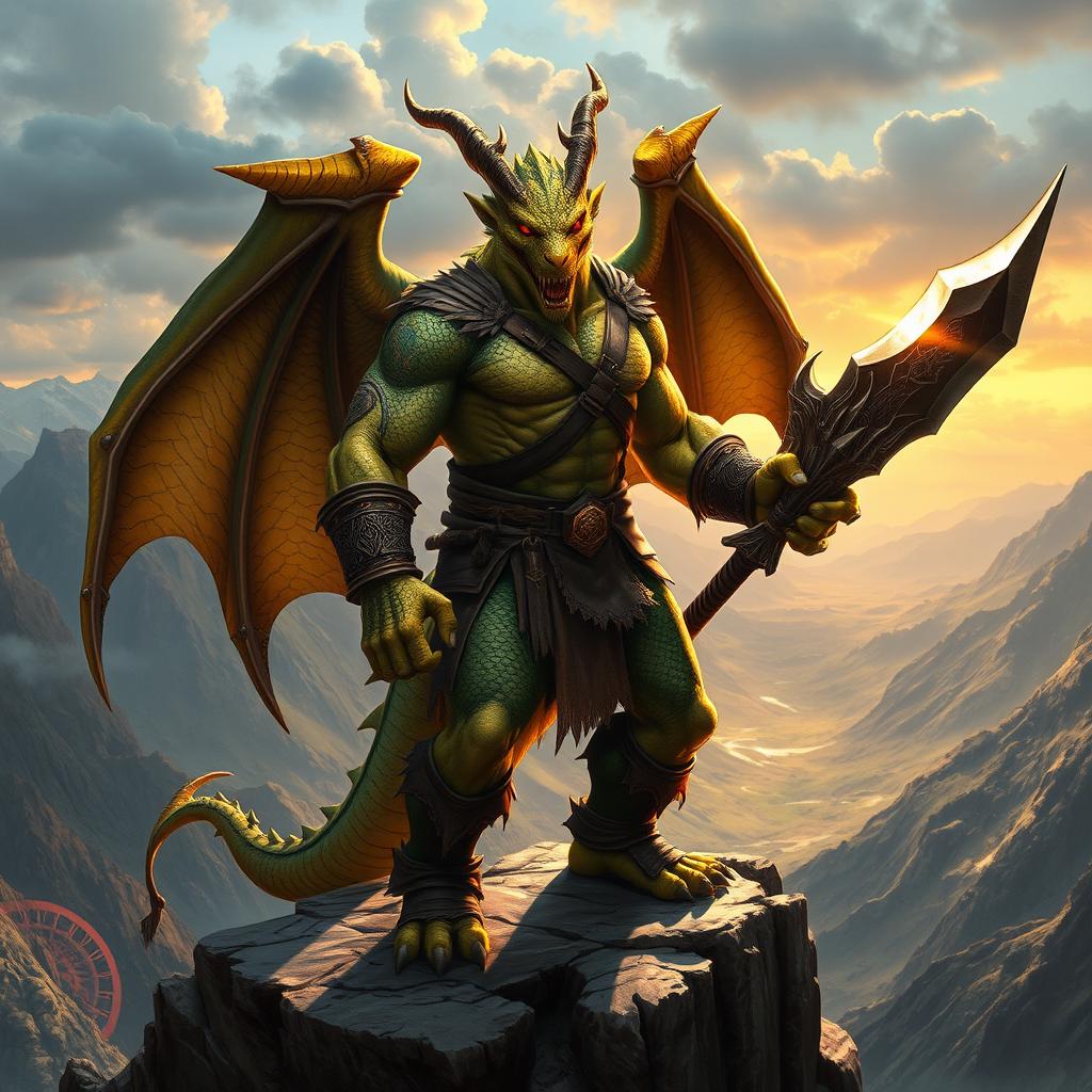 A powerful dragon-human barbarian standing majestically on a rocky cliff, overlooking a vast mountainous landscape