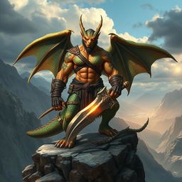 A powerful dragon-human barbarian standing majestically on a rocky cliff, overlooking a vast mountainous landscape