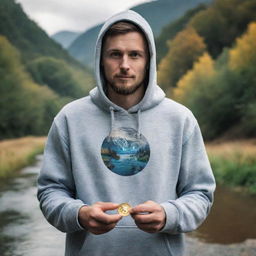 A high-resolution image of a man in a hoodie holding a bitcoin with a wild river and wildlife in the background