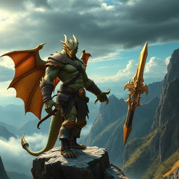 A powerful dragon-human barbarian standing majestically on a rocky cliff, overlooking a vast mountainous landscape