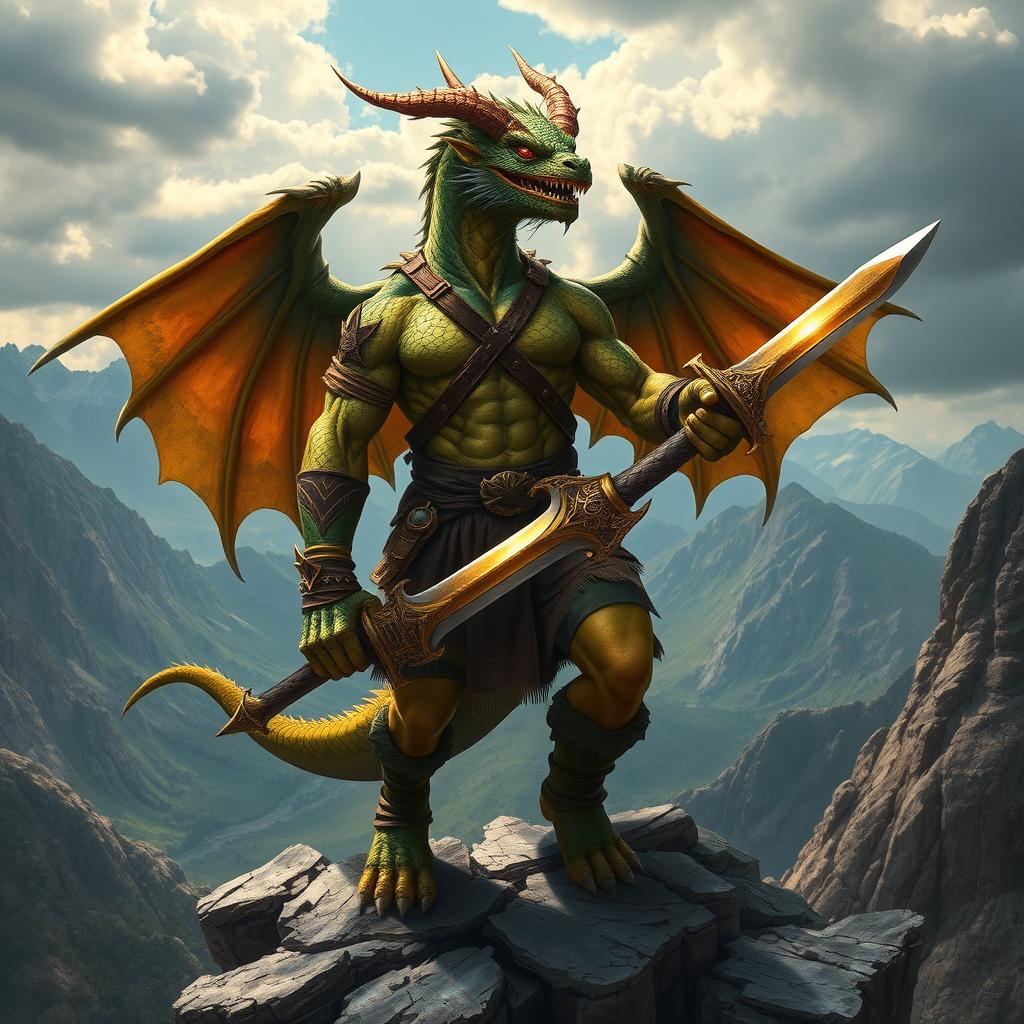 A powerful dragon-human barbarian standing majestically on a rocky cliff, overlooking a vast mountainous landscape