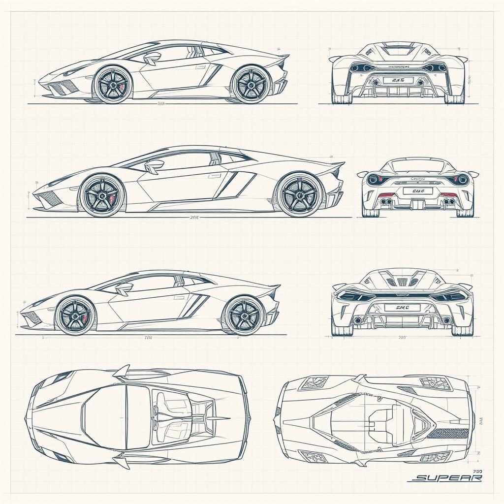 A series of 70 blueprint sketches of a supercar, offering a range of angles including front, left side, right side, back, top, bottom, and various upward and downward perspectives