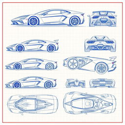 A series of 70 blueprint sketches of a supercar, offering a range of angles including front, left side, right side, back, top, bottom, and various upward and downward perspectives