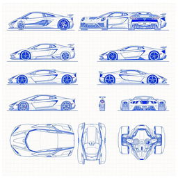 A series of 70 blueprint sketches of a supercar, offering a range of angles including front, left side, right side, back, top, bottom, and various upward and downward perspectives