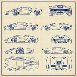 A series of 70 blueprint sketches of a supercar, offering a range of angles including front, left side, right side, back, top, bottom, and various upward and downward perspectives