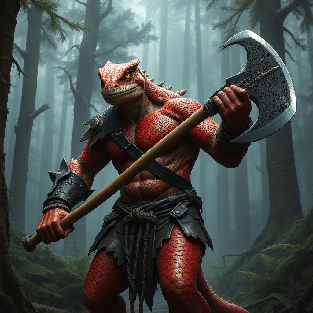 A formidable lizard-human barbarian with striking red scales, showcasing his muscular physique and fierce demeanor