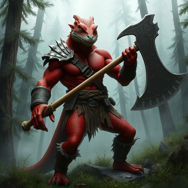 A formidable lizard-human barbarian with striking red scales, showcasing his muscular physique and fierce demeanor