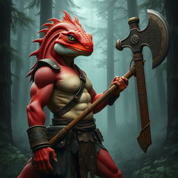 A formidable lizard-human barbarian with striking red scales, showcasing his muscular physique and fierce demeanor