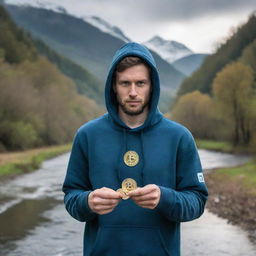 A high-resolution image of a man in a hoodie holding a bitcoin with a wild river and wildlife in the background