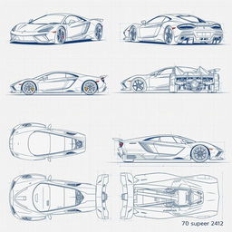 A diverse collection of 70 blueprint sketches of a supercar, showcasing various angles including front, left side, right side, back, top, bottom, and unique perspectives such as bottom up and additional front views