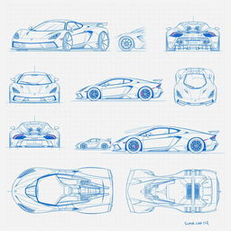 A diverse collection of 70 blueprint sketches of a supercar, showcasing various angles including front, left side, right side, back, top, bottom, and unique perspectives such as bottom up and additional front views