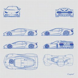 A diverse collection of 70 blueprint sketches of a supercar, showcasing various angles including front, left side, right side, back, top, bottom, and unique perspectives such as bottom up and additional front views