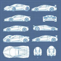 A diverse collection of 70 blueprint sketches of a supercar, showcasing various angles including front, left side, right side, back, top, bottom, and unique perspectives such as bottom up and additional front views