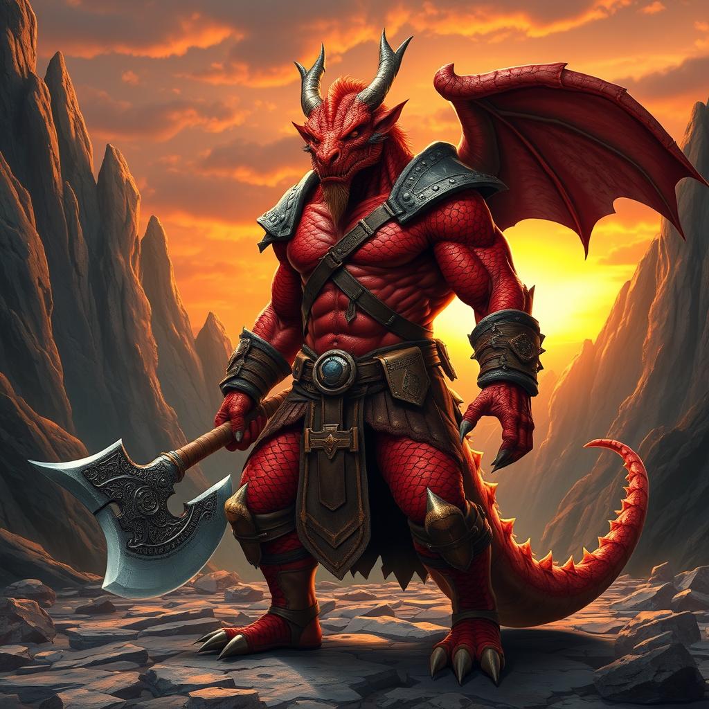 A formidable dragon-human barbarian with striking red scales, showcasing a muscular build and fierce expression