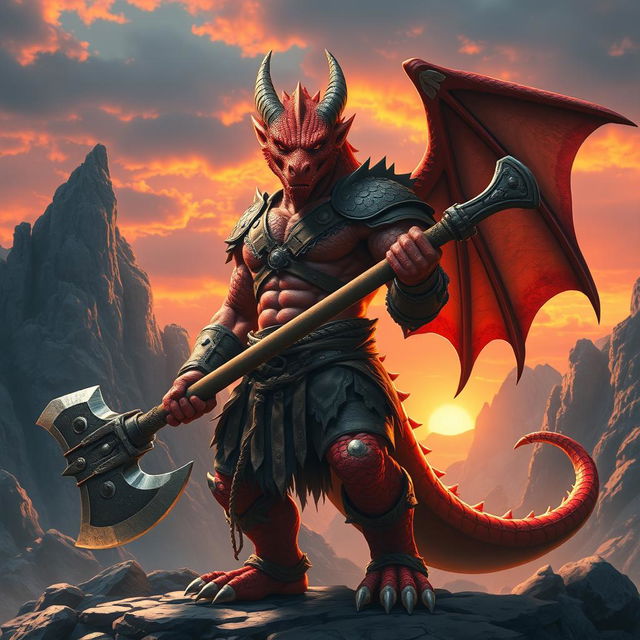 A formidable dragon-human barbarian with striking red scales, showcasing a muscular build and fierce expression