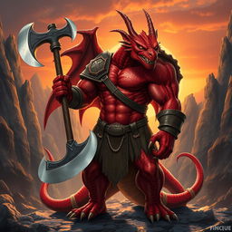 A formidable dragon-human barbarian with striking red scales, showcasing a muscular build and fierce expression